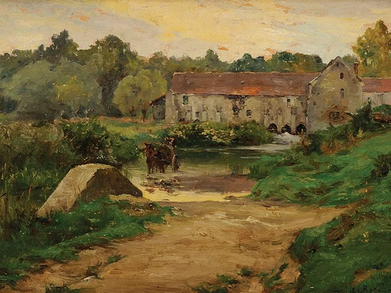 1864-Ernest Marché - Le rive del Loing a Souppes, il Mulino di Beaumouli